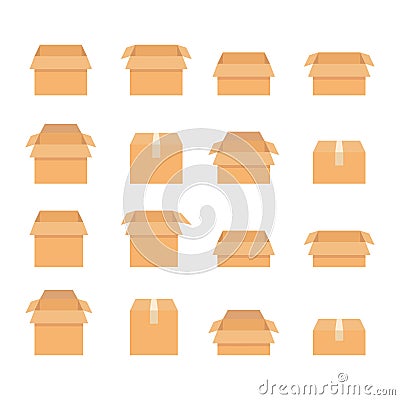 Open and closed delivery box set. Carton container elements collection. Stock Photo